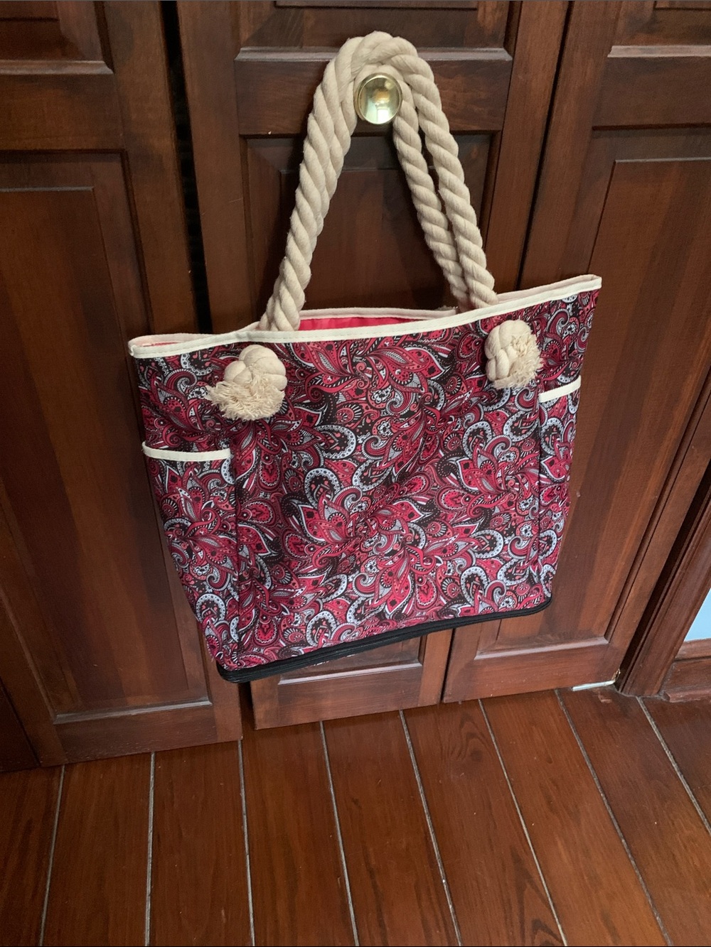 JM Collection Red Paisley Tote with Cream Rope Handles